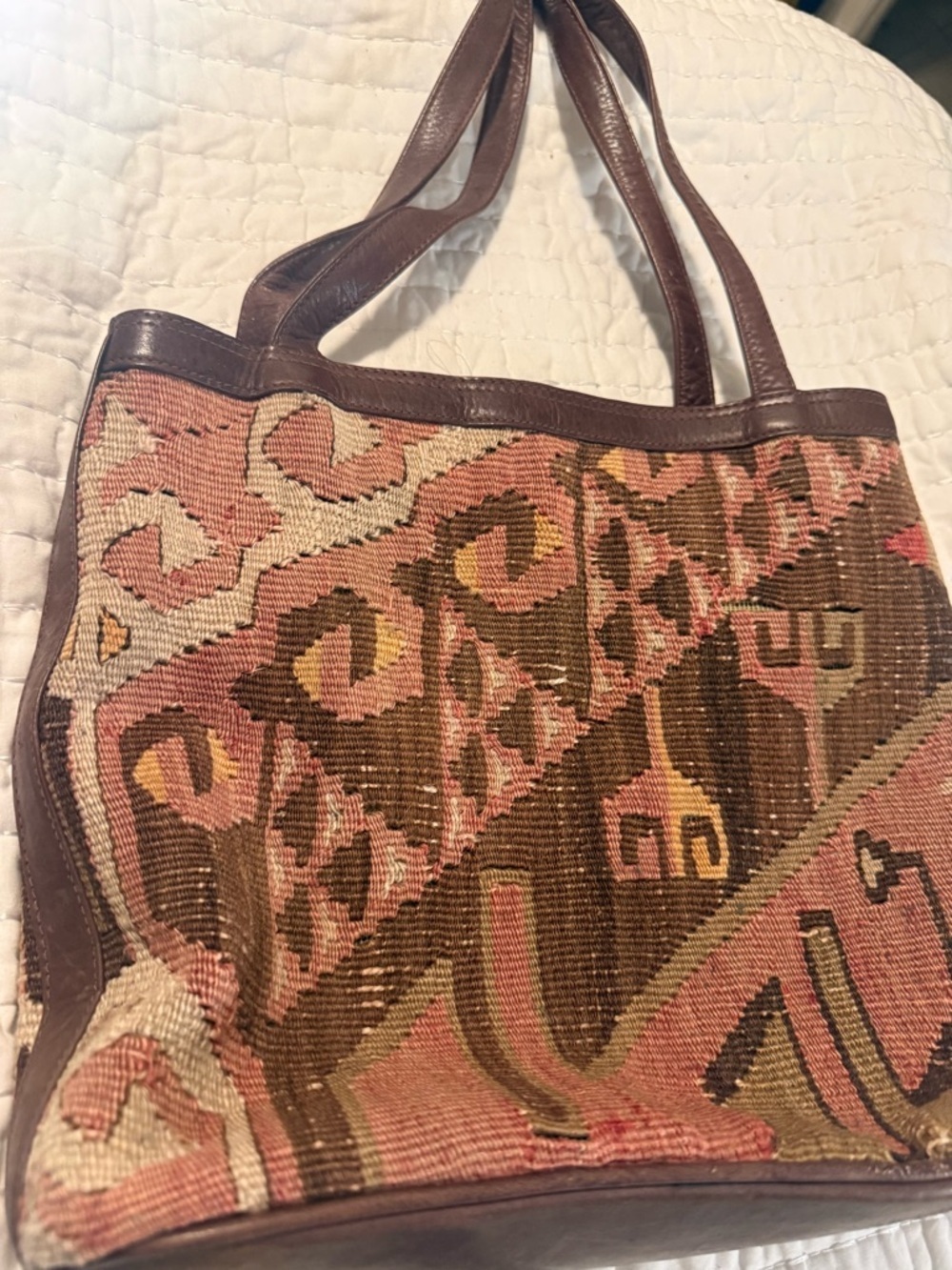 Vintage American Angel Tapestry Tote Bag Leather Trim Boho Southwest
